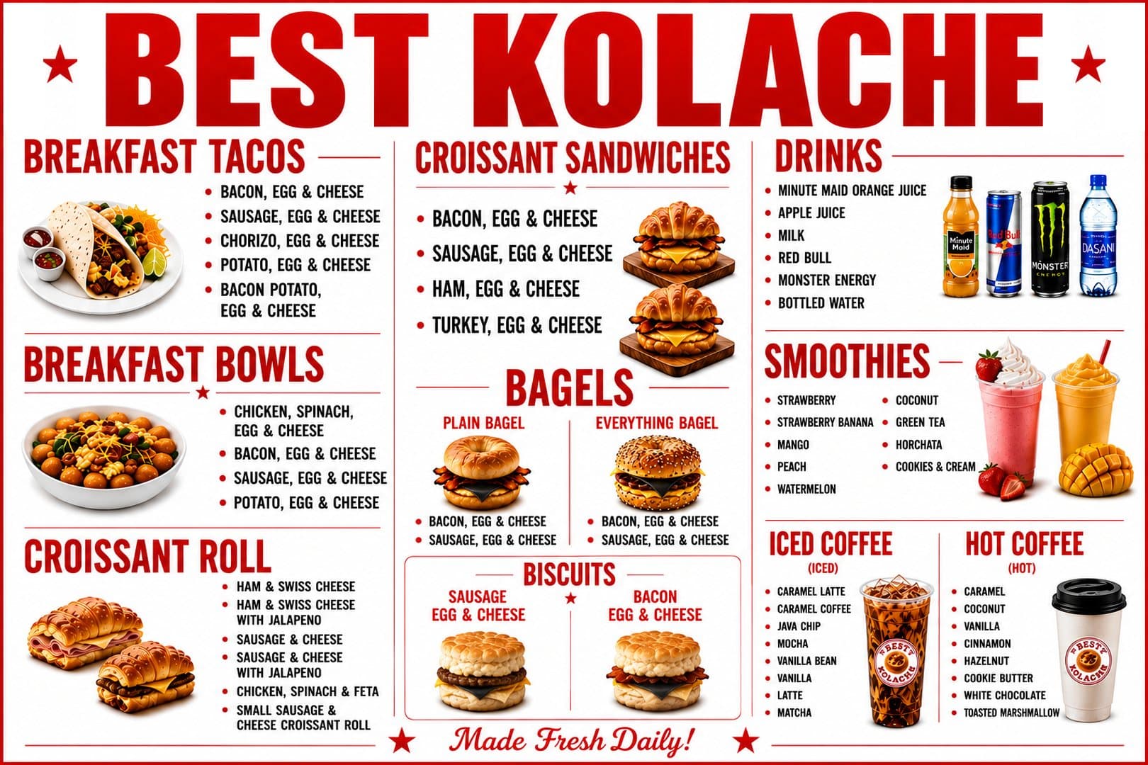 BEST KOLACHE menu board: breakfast tacos, breakfast bowls, croissant rolls and sandwiches, bagels, biscuits, drinks, smoothies, and iced and hot coffee