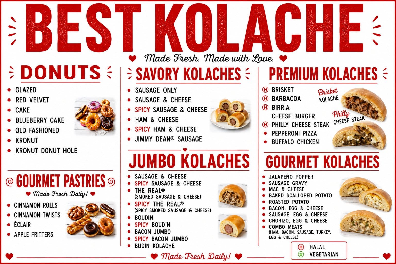 BEST KOLACHE menu board: donuts, gourmet pastries, and savory, jumbo, premium, and gourmet kolaches, with halal items marked