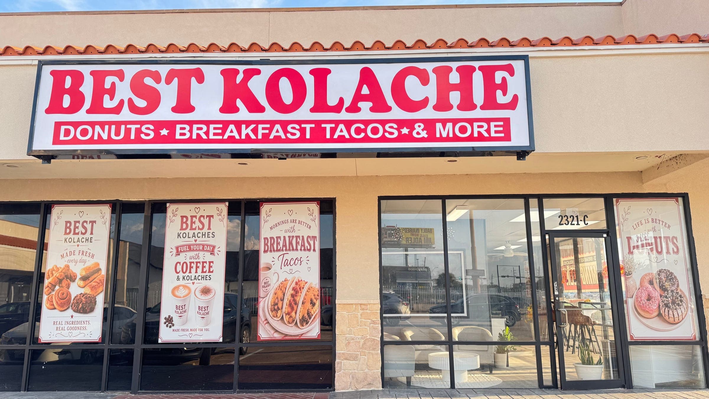 BEST KOLACHE storefront at 2321-C Hwy 6 S in Houston, with the red sign reading Donuts, Breakfast Tacos & More